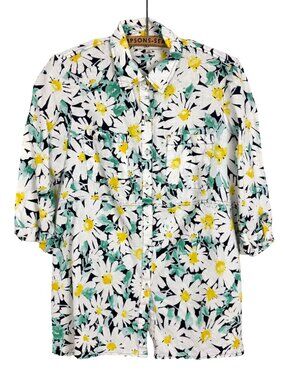 Jones New York Womens 100% Linen Floral Button Up Cover Up White Beach Medium